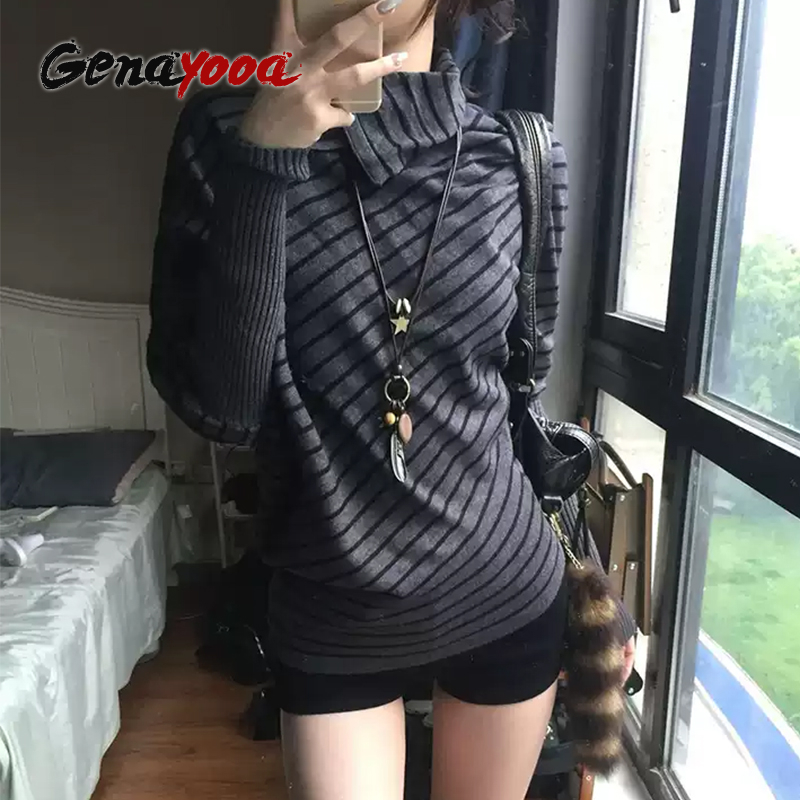 Street Fashion In Japan - เสื้อสเวตเตอร์สไตล์ญี่ปุ่นยุค 2000 ของ Genayooa สำหรับผู้หญิง ลายทางถักแบบสวมหัว