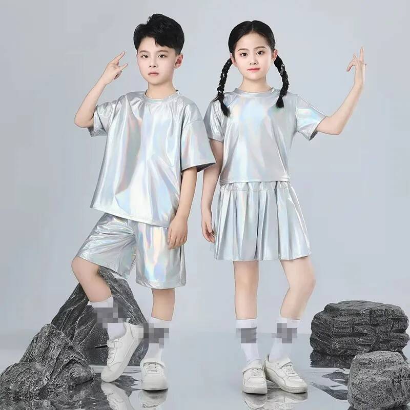 Street Fashion For Boy - ชุดฮิปฮอปสำหรับเด็กชายและเด็กหญิง สีเงิน ชุดเต้นแจ๊ส เสื้อผ้าสำหรับการแสดงเด็ก แฟชั่นเสื้อผ้าสำหรับการแสดงบนรันเวย์และการเต้นสตรีท