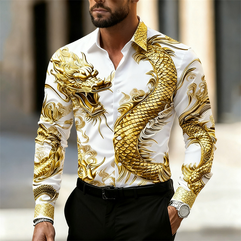Street Fashion Shanghai - เสื้อเชิ้ตผู้ชายแขนยาว ลายมังกรจีน พิมพ์ลาย 3D คอปก แฟชั่นลำลอง