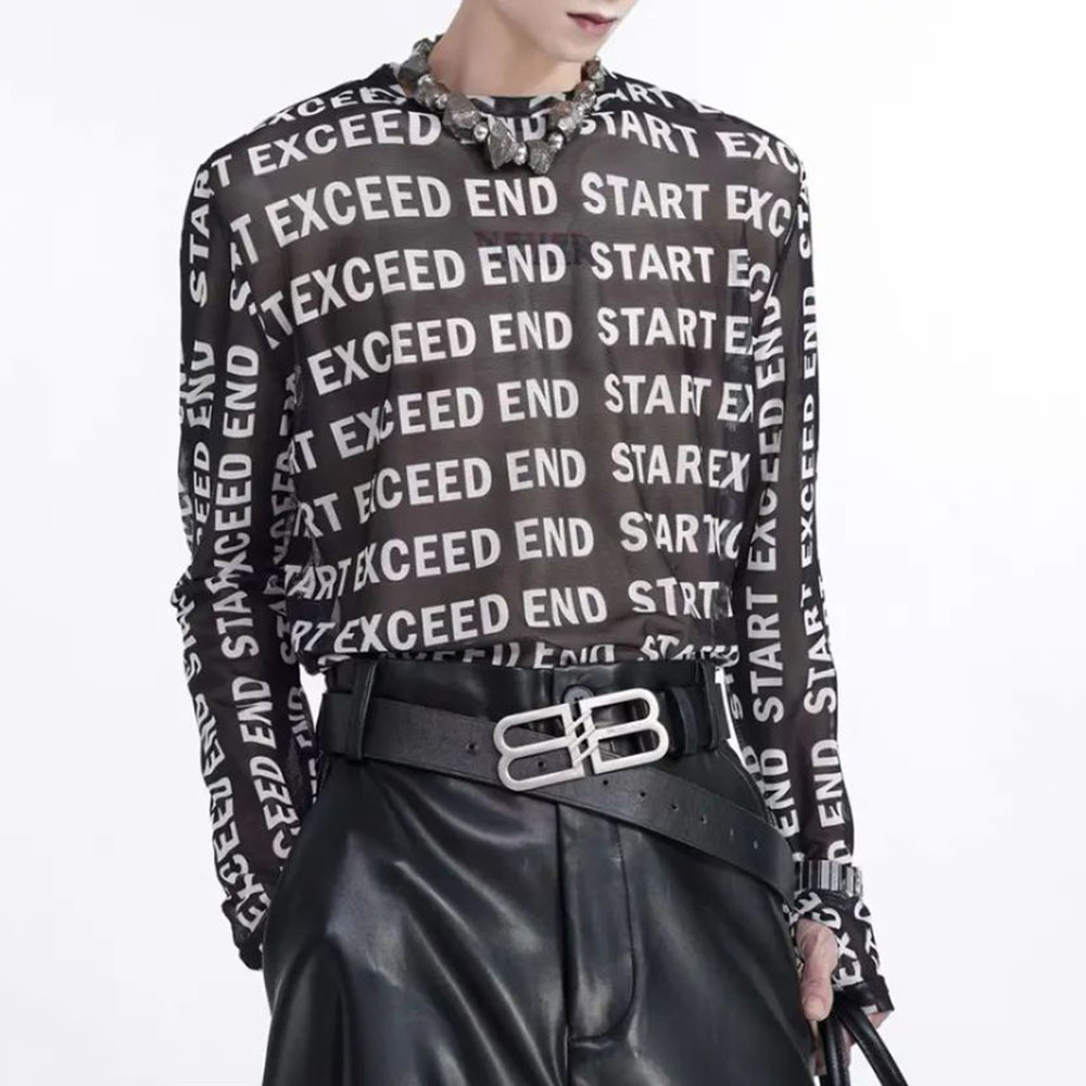 Street Fashion For Boy - เสื้อเชิ้ตผ้าตาข่ายสำหรับผู้ชายเสื้อท่อนบนพิมพ์ลายตัวอักษรสำหรับผู้ชาย2024ใหม่เสื้อซับในแนวสตรีทแบบอเมริกันเสื้อยืดแขนยาวแบบกลวง