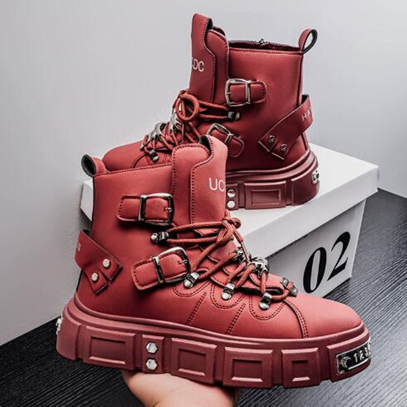 Street Fashion Punk - รองเท้าผ้าใบหุ้มข้อสูงสีดำแบบหรูหราสำหรับผู้ชาย รองเท้าหนังแฟชั่นดีไซน์ทันสมัย สไตล์โกธิค พังก์ รองเท้าบูทมอเตอร์ไซค์ ไซส์ใหญ่