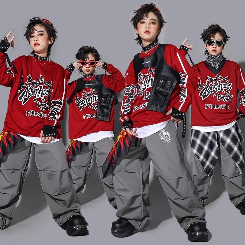 Street Fashion For Boy - เสื้อสเวตเชิ้ต K-pop สำหรับเด็กผู้ชาย เสื้อกั๊กแฟชั่น กางเกงหลวม ชุดฮิปฮอป