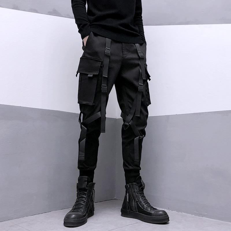 Street Fashion In Japan - 2024 ฤดูใบไม้ผลิผู้ชายสีดํากางเกงCargoผู้ชายริบบิ้นกระเป๋ากางเกงชายญี่ปุ่นStreetwear Hip Hop Harajukuแฟชั่นHaremกางเกง