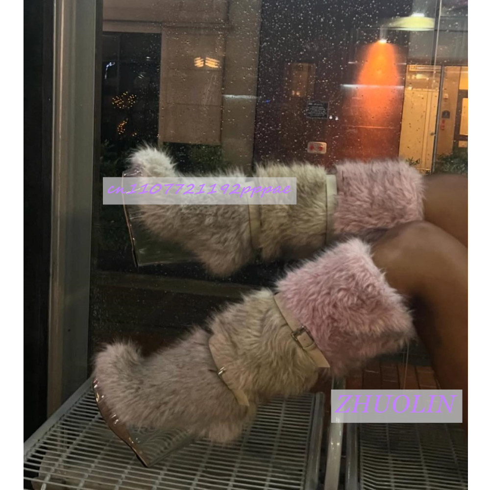 Street Fashion Punk - รองเท้าบูทส้นเตารีดแบบโปร่งใสแต่งขนเฟอร์ลายไล่สีฤดูหนาวสำหรับผู้หญิง รองเท้าบูทหิมะแบบมีสายคาดหัวเข็มขัดหวานๆ แฟชั่นทันสมัยสไตล์พังก์ รองเท้าบูทสูงถึงเข่า ไซส์ 43