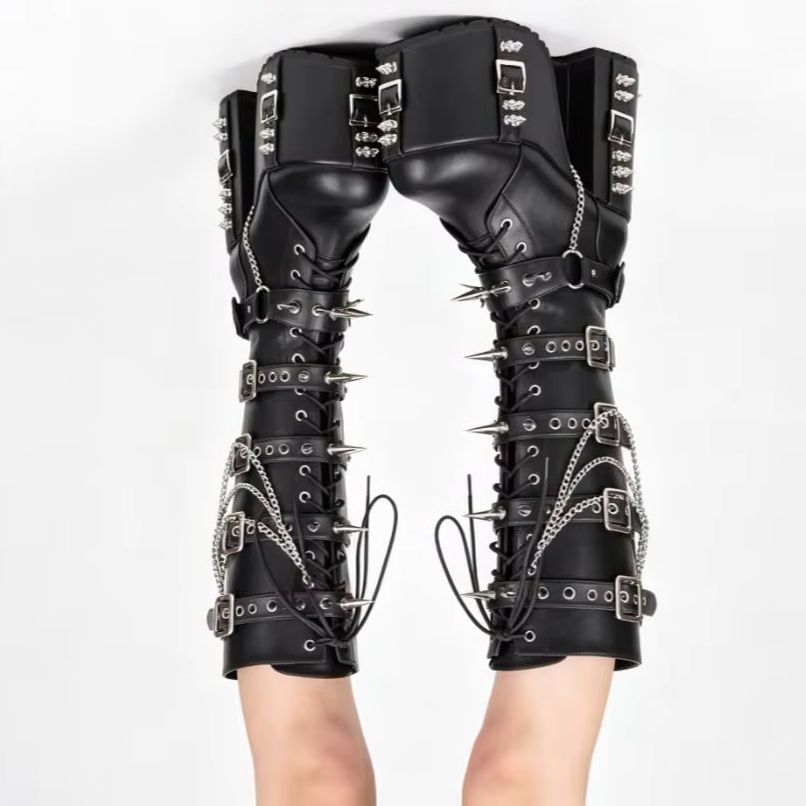 Street Fashion Punk - รองเท้าบูทมอเตอร์ไซค์สไตล์พังก์ หัวมน ประดับหมุด แบบผูกเชือก สไตล์โกธิค ร็อค