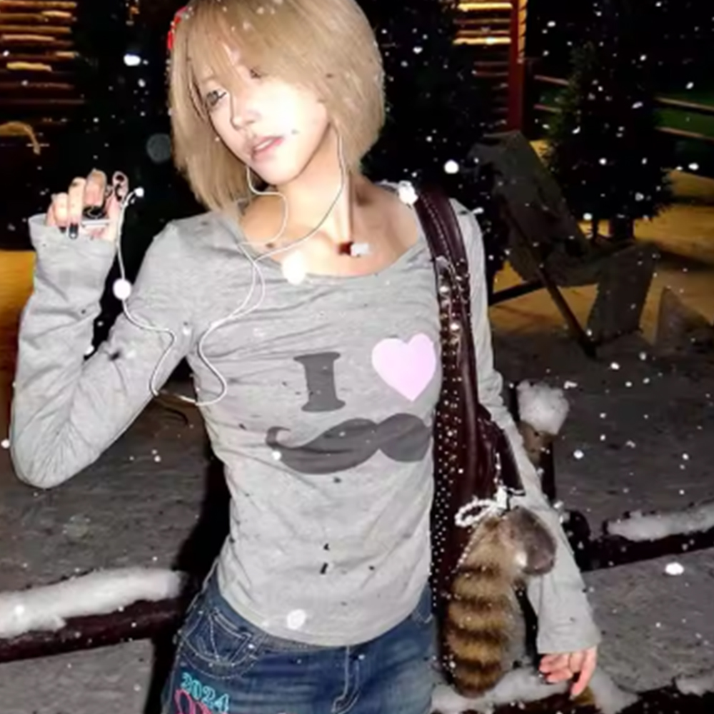Street Fashion In Japan - เสื้อยืดพิมพ์ลายเคราสไตล์ Y2K ญี่ปุ่น วินเทจ ฮาราจูกุ แขนยาว