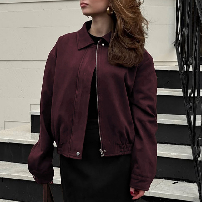 Street Fashion Fall 2025 - เสื้อแจ็คเก็ตหนังกลับทรงสลิมแฟชั่นสตรี สไตล์ไฮสตรีท ปกจ็อกเกอร์ แขนยาว สีไวน์แดง สำหรับฤดูใบไม้ร่วง-ฤดูหนาว