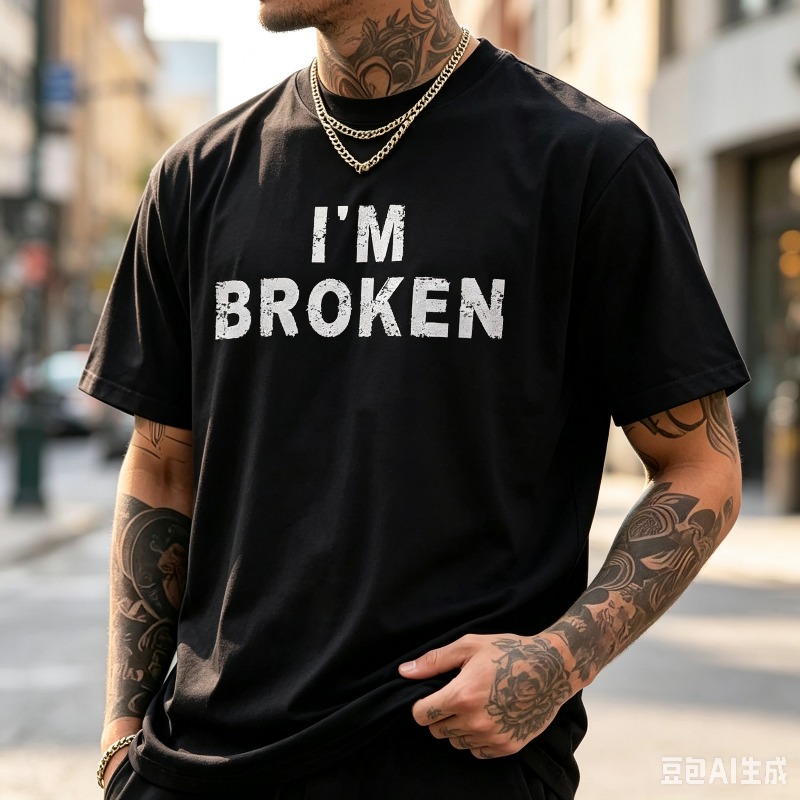 Street Style Fashion Quotes - เสื้อยืดผู้ชายลาย Distressed Quote พร้อมตัวอักษร I'M BROKEN