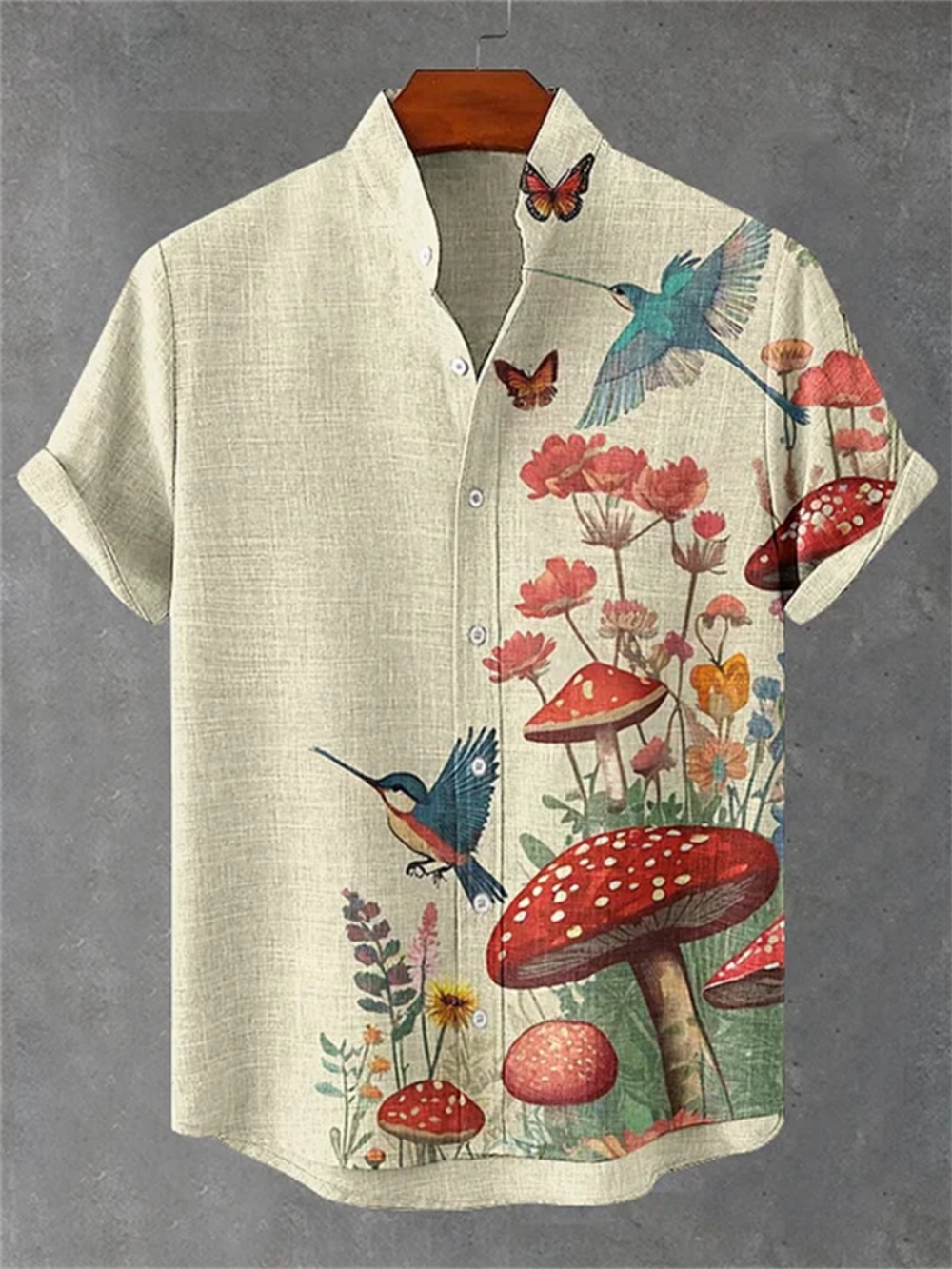 Street Fashion Shanghai - เสื้อเชิ้ตผ้าลินินแขนสั้นสำหรับผู้ชาย คอตั้ง พิมพ์ลาย สไตล์ลำลอง เหมาะสำหรับใส่เที่ยวพักผ่อนกลางแจ้ง แฟชั่นทันสมัย