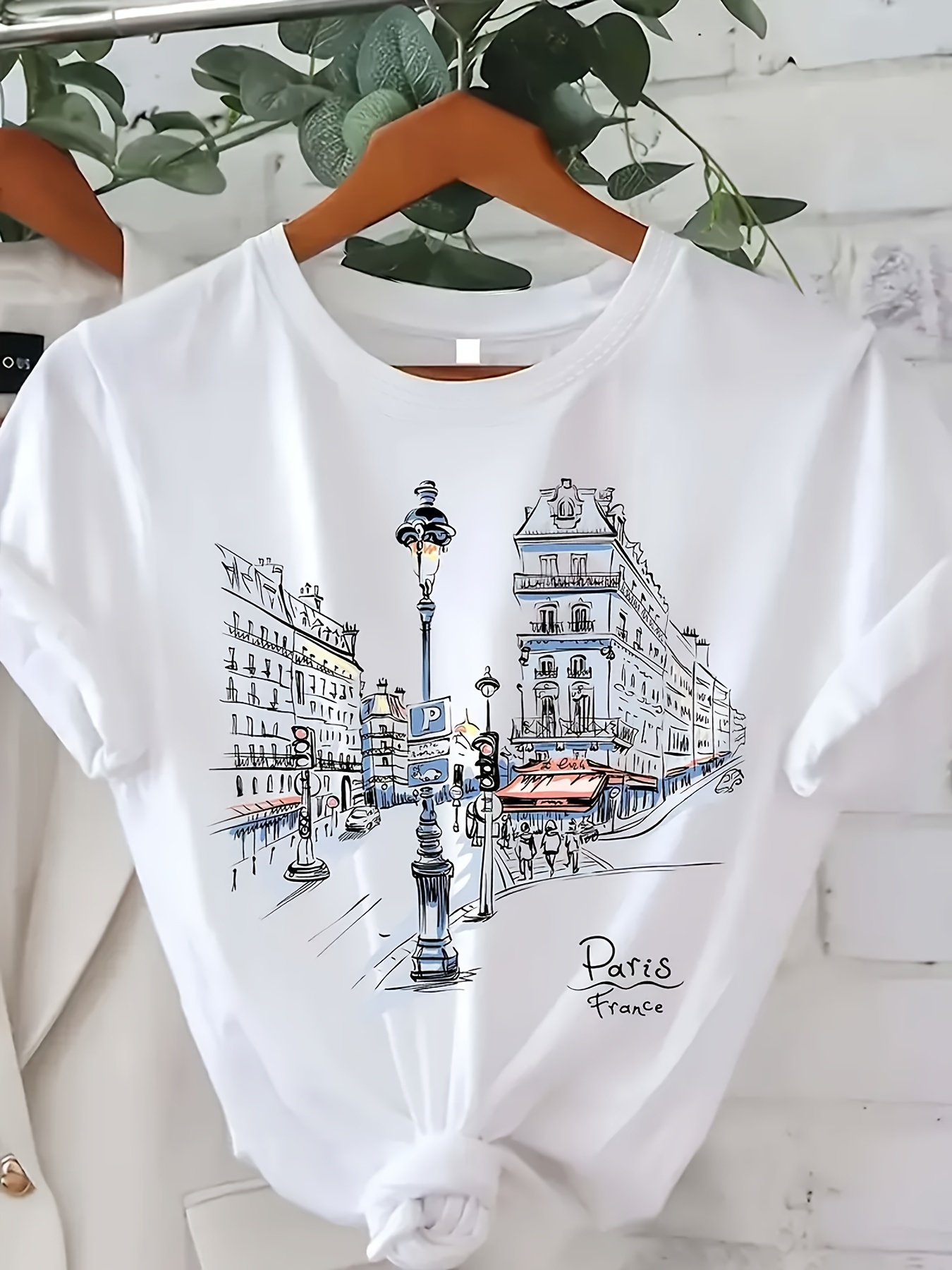 Street Fashion In Paris - เสื้อยืดพิมพ์ลาย Paris Street ของผู้หญิงแขนสั้นคอกลมเสื้อลําลองพร้อมการออกแบบหอไอเฟลแฟชั่นฤดูใบไม้ผลิ/ฤดูร้อน/ฤดูใบไม้ร่วง