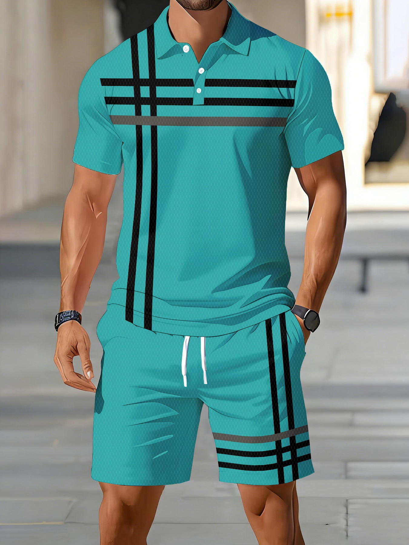 Street Fashion American - ชุดเสื้อโปโลผู้ชายสไตล์อเมริกันสำหรับฤดูร้อนปี 2026 แฟชั่นลำลองแนวสตรีท เนื้อผ้านุ่มสบาย พิมพ์ลายทาง 3
