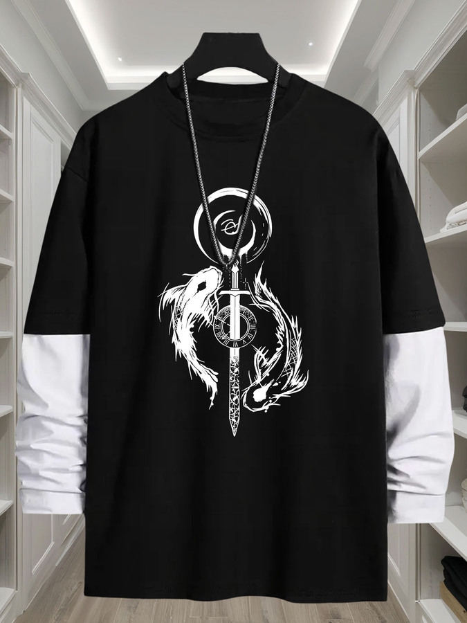 Italy Fashion Street - เสื้อยืดแขนยาวลายปลาหยินหยาง 2-in-1 รุ่น J1417 สำหรับผู้ชาย สไตล์สตรีทแฟชั่นสุดสบาย