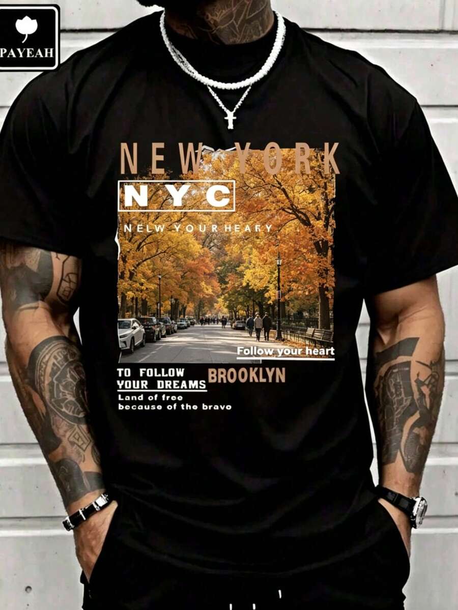 Italy Fashion Street - เสื้อผ้าลำลองสำหรับผู้ชาย, ภาพวิวถนนบรูคลิน นิวยอร์ก, เสื้อยืดแฟชั่น, เสื้อยืดแขนสั้นพิมพ์ลายสำหรับผู้ชาย -