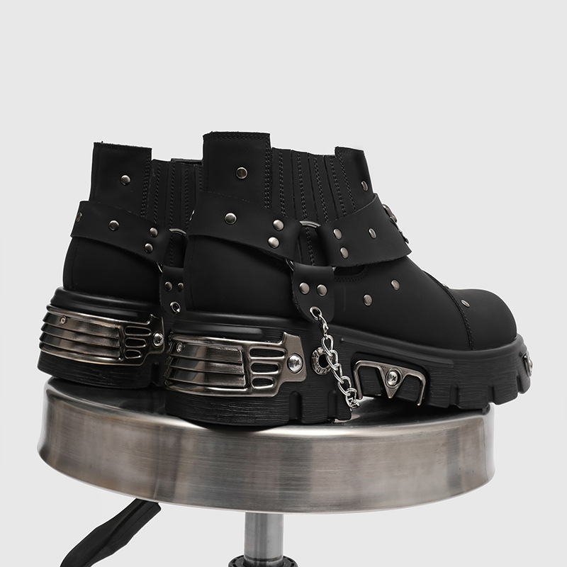 Street Fashion Punk - รองเท้าบูทมอเตอร์ไซค์สไตล์ร็อค พังก์ เมทัล แบบแพทช์เวิร์ค สีดำ แฟชั่นสำหรับผู้ชาย