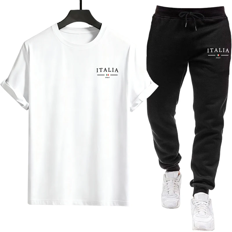Italy Fashion Street - ชุดเสื้อผ้าแฟชั่นสตรีทสไตล์ผู้ชายจากอิตาลี เสื้อยืดคอกลมและกางเกงจ็อกเกอร์ทรงเข้ารูป สไตล์ลำลองในเมือง เหมาะสำหรับฤดูใบไม้ผลิและฤดูร้อน เสื้อยืดทรงหลวมสบายๆ