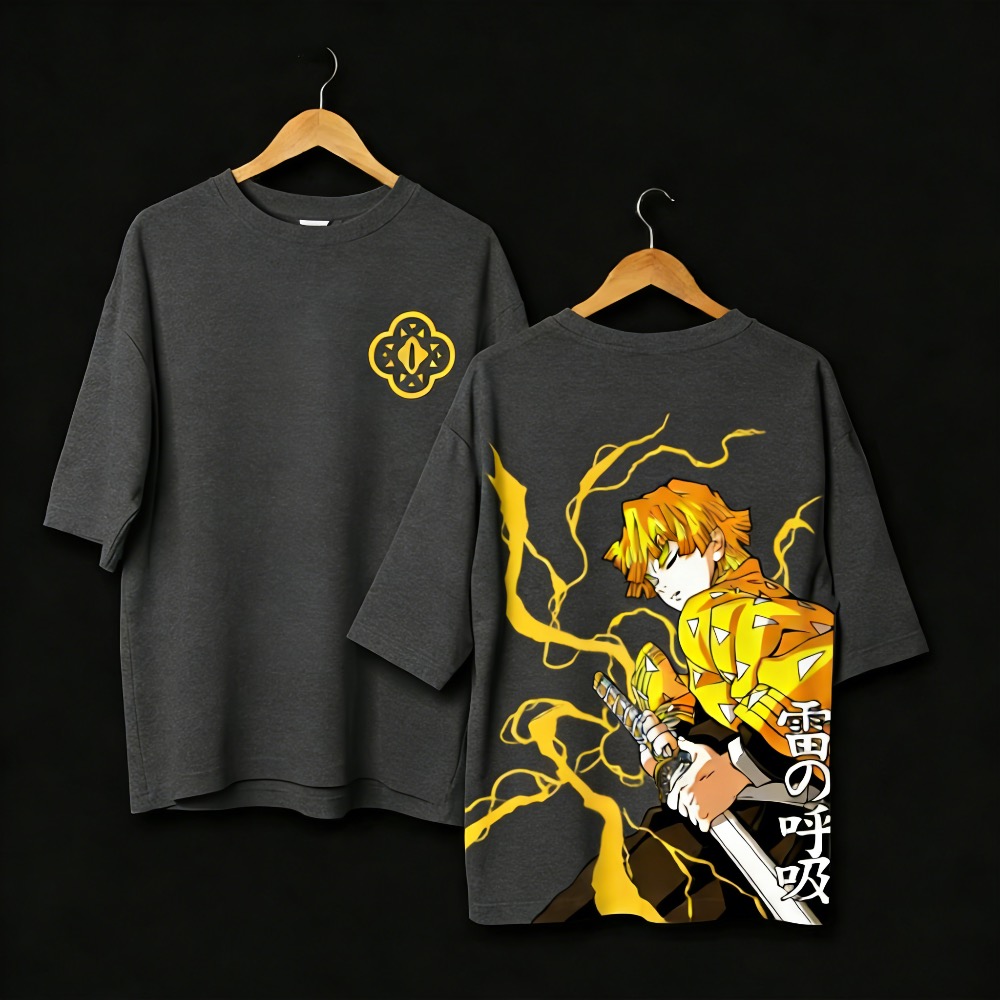 Street Fashion Kids - เสื้อยืดลายอนิเมะ Demon Slayer ไซส์ใหญ่สำหรับผู้ชายและผู้หญิง เสื้อยืดลำลองสำหรับพ่อแม่ลูก แฟชั่นสตรีทแวร์สไตล์