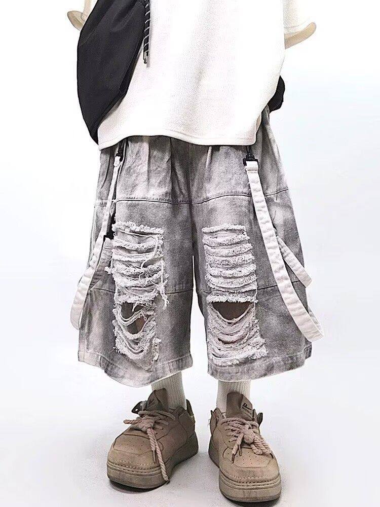 Street Fashion American - กางเกงยีนส์ขาดสไตล์เรโทรฮิปฮอปสำหรับผู้ชาย แฟชั่นลำลองแบบอเมริกันสำหรับฤดูร้อน ทรงหลวม สไตล์สตรีท ล้างสีแบบวินเทจ แต่งผ้าปะติด