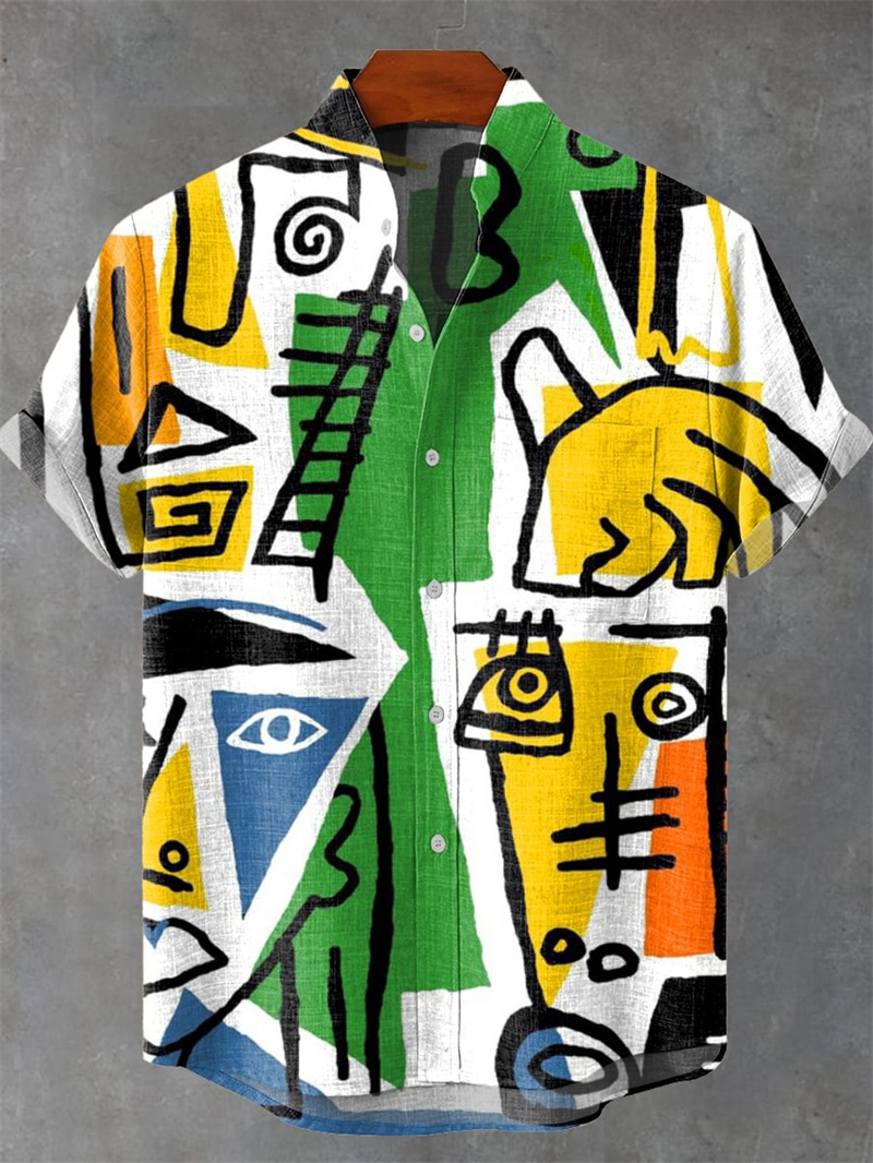 Street Fashion Shanghai - เสื้อเชิ้ตแขนสั้นผู้ชาย พิมพ์ลาย 3 มิติ ลายไม่สม่ำเสมอ สไตล์สตรีทเทรนด์
