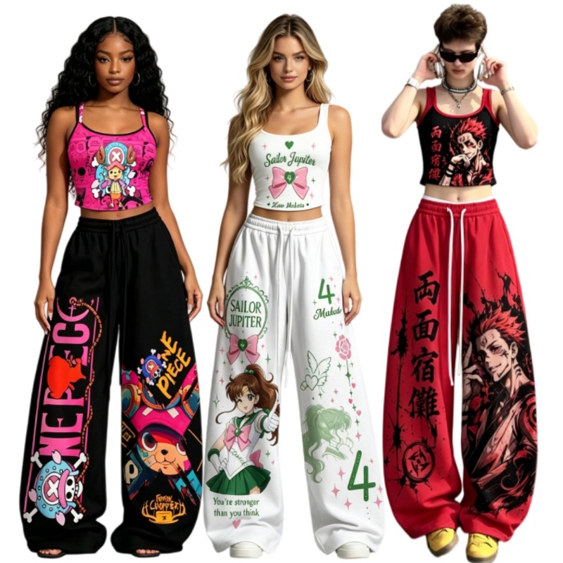 Street Fashion In Japan - ชุดเซ็ต 2 ชิ้นลายอนิเมะญี่ปุ่นสำหรับผู้ชาย/ผู้หญิง สไตล์ Y2K เสื้อครอปแขนกุด