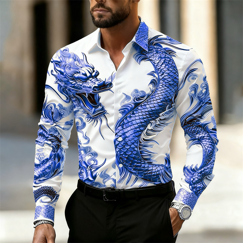 เสื้อเชิ้ตผู้ชายแขนยาว ลายมังก - Street Fashion Shanghai บทวิจารณ์และราคา