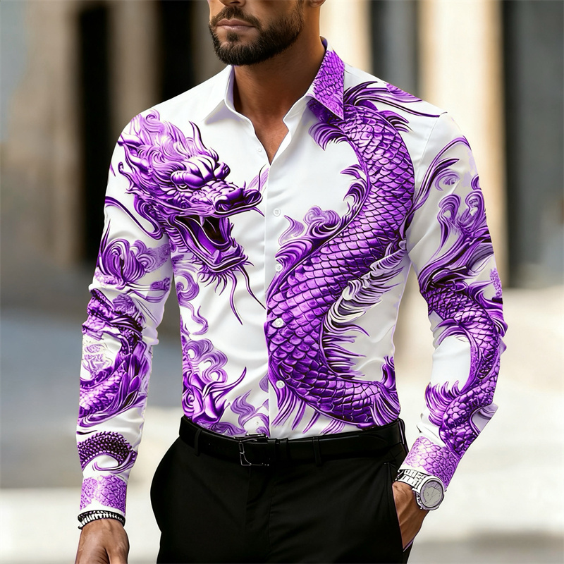 เสื้อเชิ้ตผู้ชายแขนยาว ลายมังก - Street Fashion Shanghai บทวิจารณ์และราคา