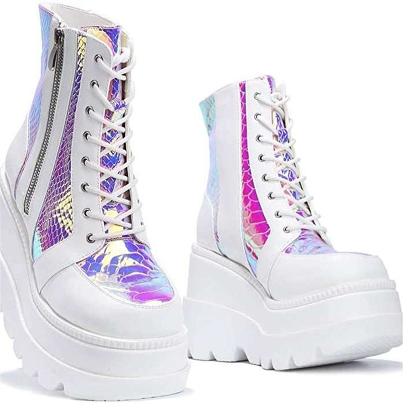 รองเท้าบูทข้อเท้าสีชมพูโฮโลแกร - Street Fashion Punk บทวิจารณ์และราคา
