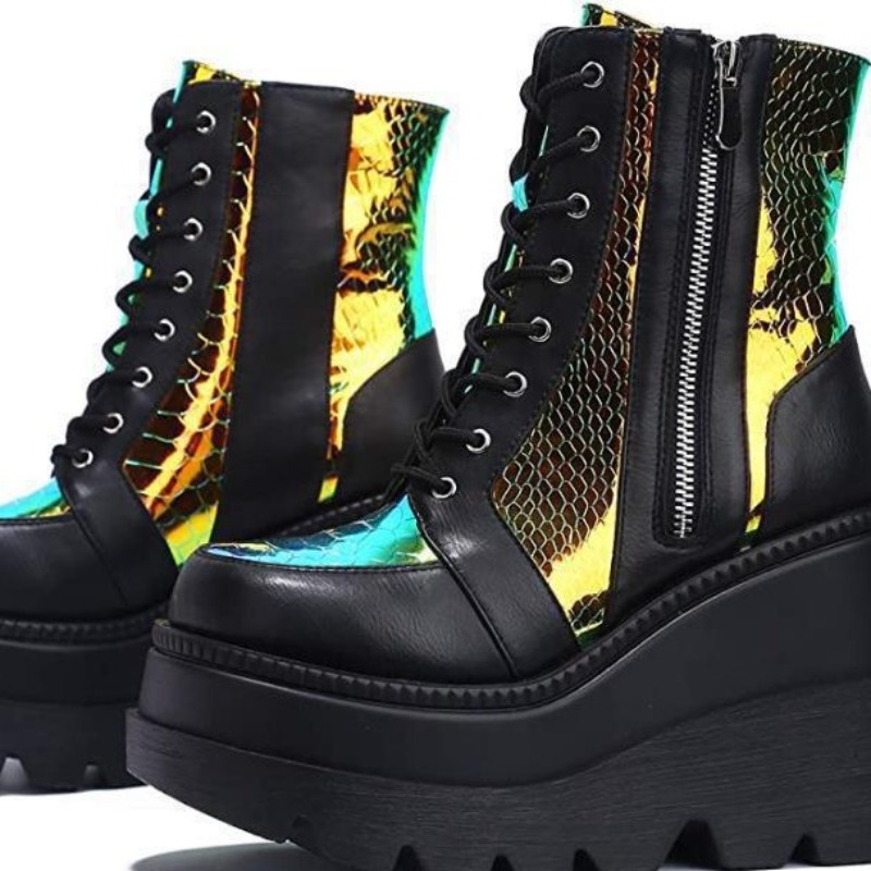 รองเท้าบูทข้อเท้าสีชมพูโฮโลแกร - Street Fashion Punk บทวิจารณ์และราคา