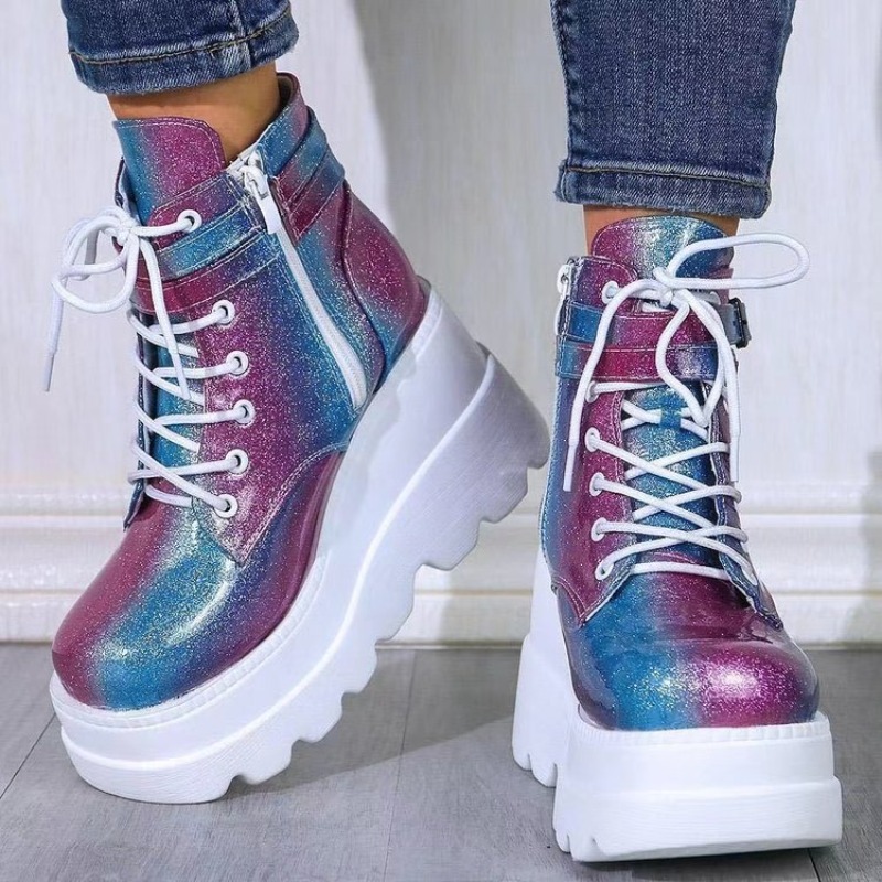 รองเท้าบูทข้อเท้าสีชมพูโฮโลแกร - Street Fashion Punk บทวิจารณ์และราคา